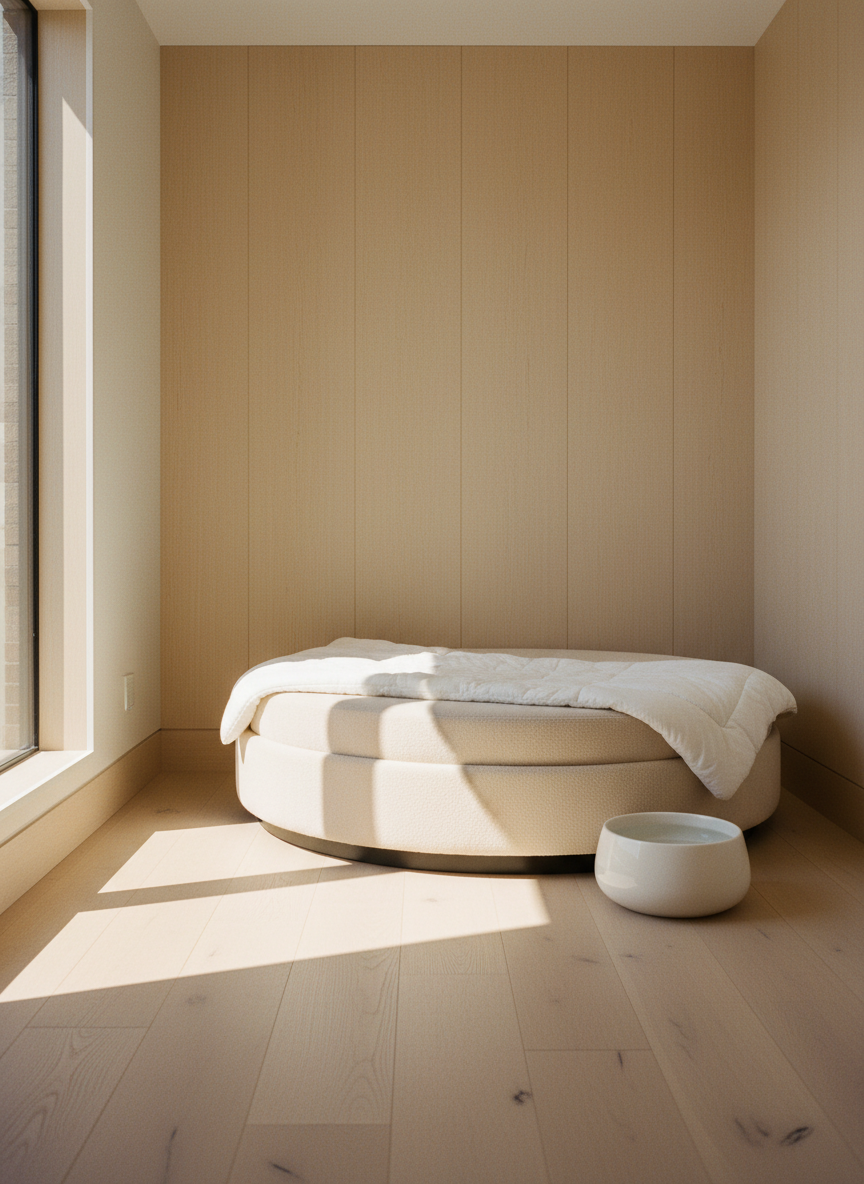 A clean, sunlit boarding suite